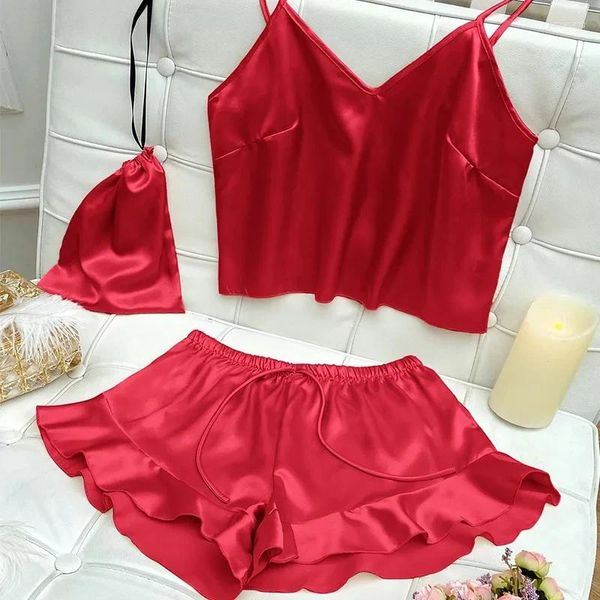 Kadın pijama 3 adet buz ipek pijama set set moda soild sisoncular ve şort asmak çanta ev giymek seksi