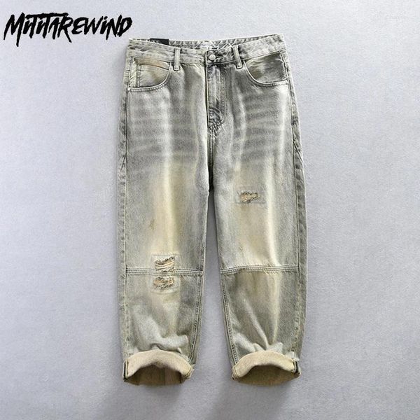 Jeans masculinos hip hop rasgado y2k lavado retro para homens algodão puro em calças personalizadas retas largas