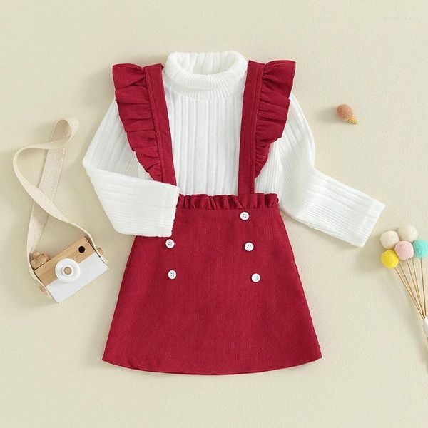 Set di abbigliamento Moda Bambina per bambini Set Primavera Abiti a due pezzi per neonato Dolcevita a coste Top Abito con gonna a bretella in velluto a coste