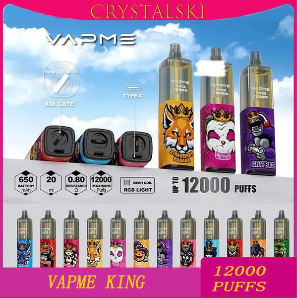 Original VAPME KING 12000 Puff Einweg-E-Zigaretten 0,8 Ohm Mesh-Spule 20 ml Pod-Batterie wiederaufladbare elektronische Zigaretten Puff 12K 0% 2% 3% 5% RBG Light Vape Pen