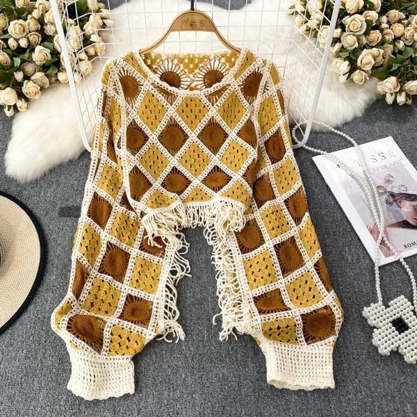 Kadın Sweaters Bohimian Sweater Kadınlar püskül o-boyun fener kolu içi boş kadın nedensel tığ işi üstleri bayanlar patchwork örme damlalık