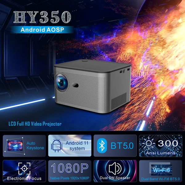 Novo projetor Hy350 Home Projector 4K HD Android 11 WiFi 6.0 300 ANSI BT5.0 1920*1080P Projector portátil de cinema ao ar livre