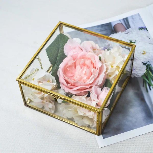Vasos caixa de jóias transparente sala de vidro anel casamento jóias brinco preservado flor decorativa