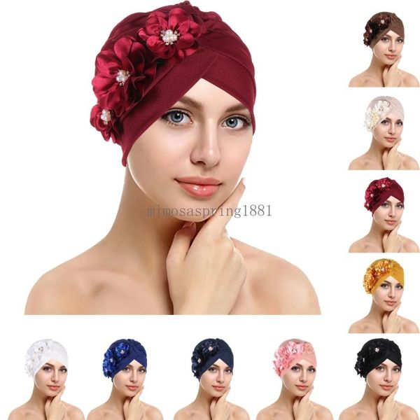 Più nuovo Fiore Cappello Indiano Turbante Donne Pieghettato Berretto Chemio Musulmano Hijab Perdita di capelli Testa Sciarpa Copertura Berretti Cofano Turbante