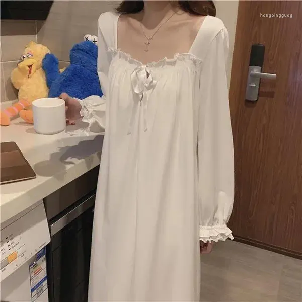 Женская одежда для сна, белое ночное платье, женская пижама в корейском стиле с оборками, однотонная одежда с длинным рукавом, свободная ночная рубашка для сна, дамы
