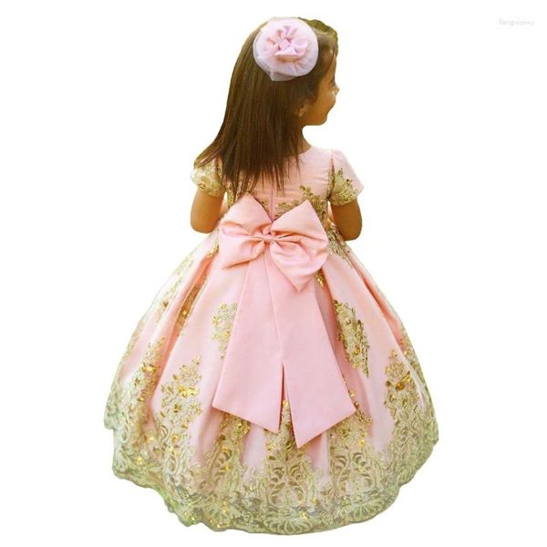 Mädchenkleider Rosa Blume O-Ausschnitt Kurze Ärmel Spitzenapplikationen Baby Mädchen Prinzessin Pagenat Kleid mit Satinschleife Ballkleid