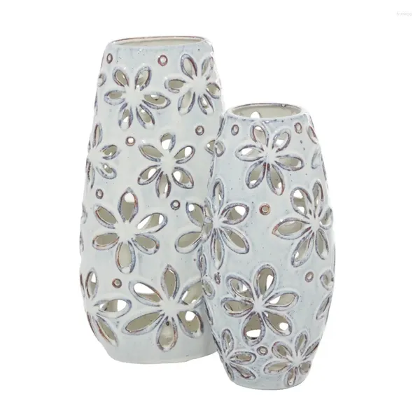 Vasos artesanais margarida oco vaso cerâmico branco com flores conjunto de 2 cerâmicas
