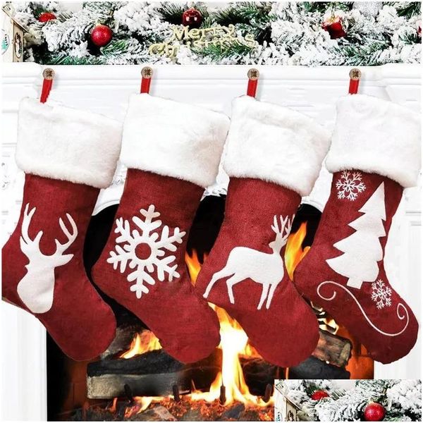 Weihnachtsdekorationen 46 cm Weihnachtsstrumpf Hängende Socken Weihnachten Rustikale personalisierte Strümpfe Schneeflockendekorationen Familienfeier Holi Dh3Od