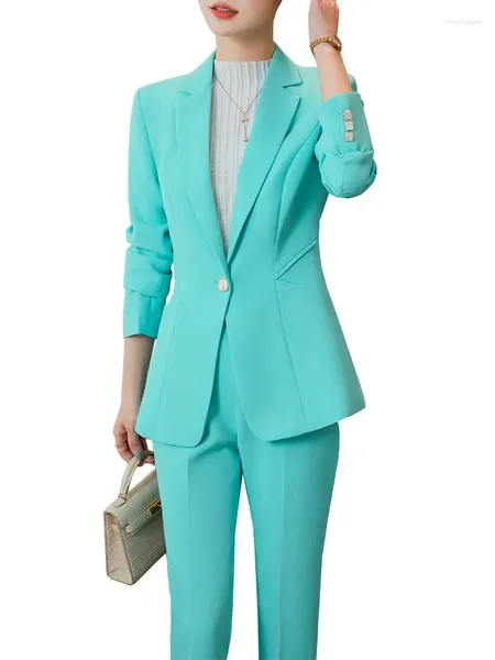 Pantaloni da donna a due pezzi Giacca da ufficio da donna Blazer Pantalone da donna Abbigliamento da lavoro da lavoro femminile Giacca e pantaloni Verde Blu Albicocca Nero Formale 2