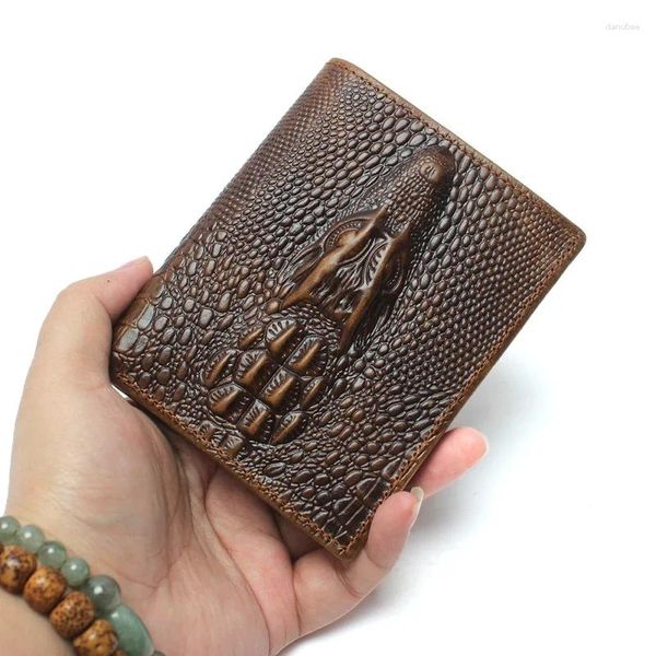 Carteiras Alligator Padrão Slim Full Grain Leather Wallet para Homens Crocodile Short Holders