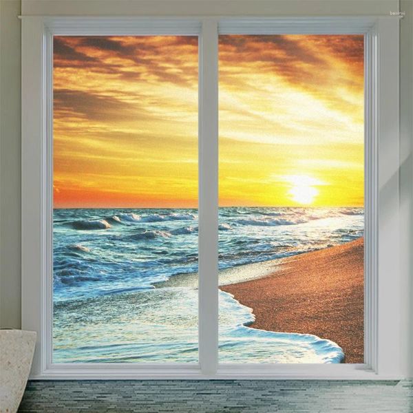 Adesivos de janela Privacidade Filme de vidro Seaside Sunset Padrão Fosco Porta Sem Cola Eletrostática Anti UV