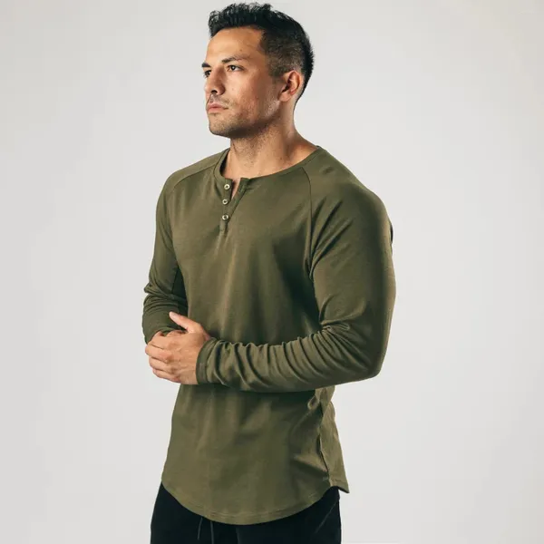 T-shirt da uomo T-shirt da uomo muscolare T-shirt a maniche lunghe Solid Vintage Henley Sport Fitness T-shirt con scollo a V sottile in cotone elasticizzato casual