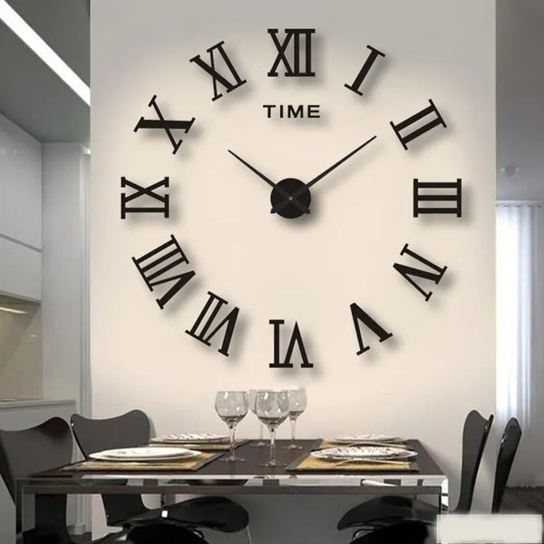 Relógios de parede 3D Acrílico Relógio Digital Numerais Romanos Design Espelho Moda Grande Rodada DIY Autoadesivo 231030