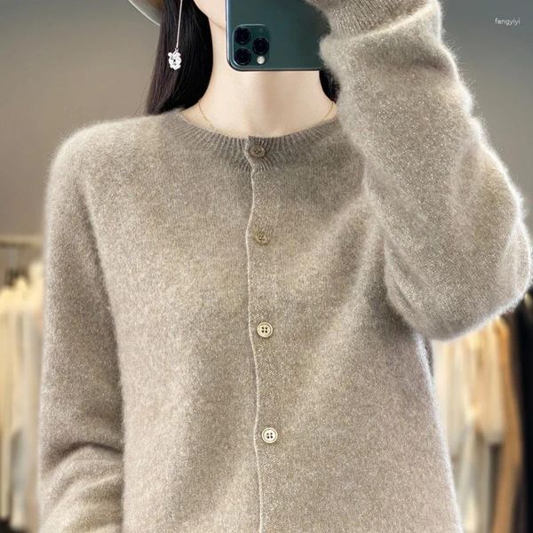 Cardigan de malha feminina camisola em torno do pescoço pulôver manga comprida solto encaixe ouro prata fio lã 2023 outono inverno