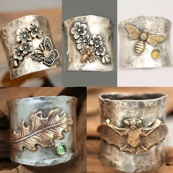 Кольца кластера, винтажные антикварные ювелирные изделия, женские тайские серебряные кольца с цветком пчелы и летучей мышью, резное кольцо на палец, панк-тренд, женские подарки ручной работы