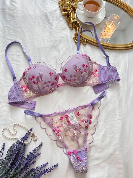 Conjunto de lingerie floral fada, roupa íntima delicada, sutiãs transparentes, sem costura, terno sexual, luxo, bordado, renda, desejo, menina quente