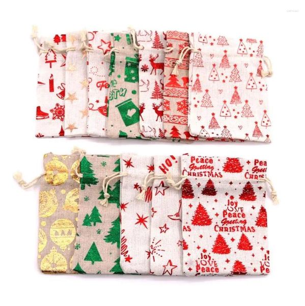 Confezione regalo 50 pezzi di tela con stampa metallizzata Sacchetti natalizi con coulisse Custodia per caramelle per feste Involucro per regali Forniture per bomboniere di compleanno