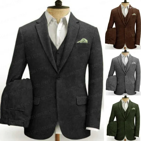 Ternos masculinos clássicos cinza escuro tweed terno de casamento masculino 3 peças personalizado plus size noivo smoking inverno negócios jaqueta colete calças conjunto