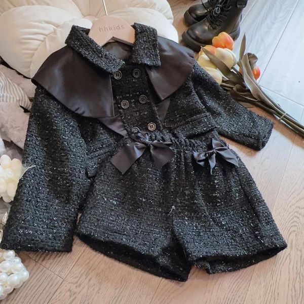 Conjuntos de roupas crianças meninas roupas conjunto primavera outono crianças preto casaco outwear shorts 2 pçs menina princesa vintage outfits terno 2-8 anos