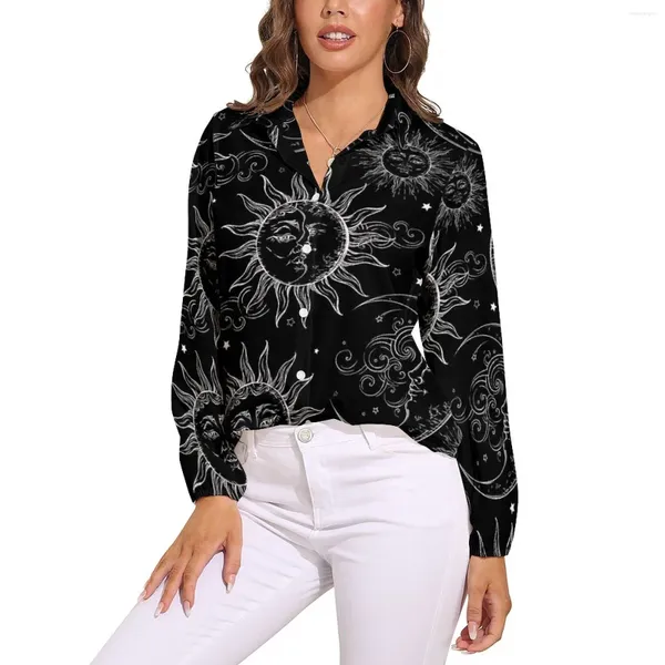 Blusas femininas sol lua estrelas blusa solta retro celestial streetwear oversize feminino manga longa camisas estéticas verão impresso topo