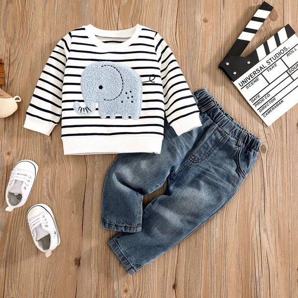 Kleidungssets 0 24 Monate Frühling Herbst Junge Mädchen und Kleinkind Elefant Streifen Top Lässige Niedliche Druck Jeans Set 231031