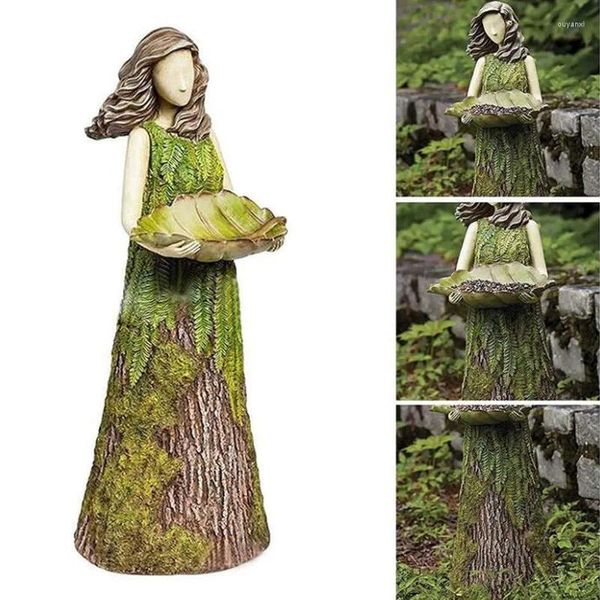 Decorações de jardim conto de fadas floresta menina alimentador de pássaros artesanato em resina estátua ao ar livre decoração de gramado ornamento