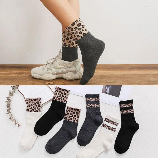 Женские носки, 3 пары леопардовых носков, осень-зима, повседневные однотонные женские хлопковые носки в полоску с двумя полосками, длина средней трубки