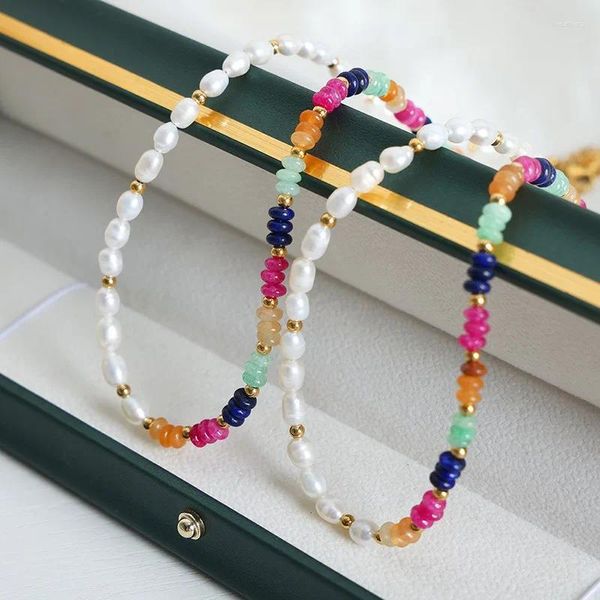 Choker ALLME Boho Bunte Glas-Naturstein-Süßwasserperlen-Perlen-Halsketten für Frauen 18 Karat Gold PVD-beschichteter Titanstahl