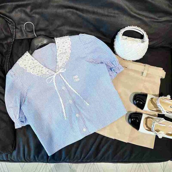Jaquetas masculinas designer 23ss verão novo oco out bordado trabalho pesado cravejado arco nó bolha manga curta pequena camisa boneca pescoço azul branco xadrez top jlc6