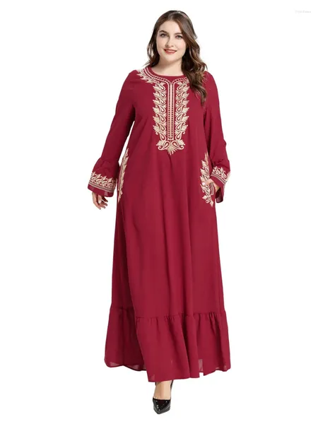 Abbigliamento etnico Maxi abito in cotone rayon rosso per le donne Estate 2023 A righe Plus Size O Collo Manica corta Abiti arabi casual allentati