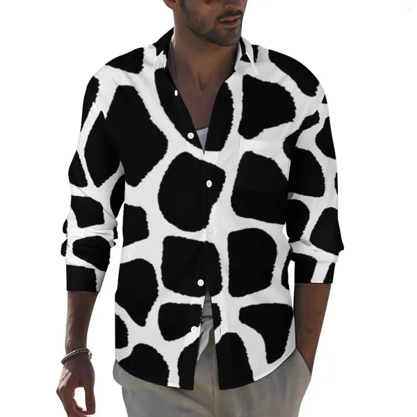 Camisas casuais masculinas preto e branco girafa camisa animal impressão manga longa design blusas de rua outono legal oversized topo