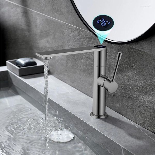 Badezimmer-Waschtischarmaturen Gun Grey High Basin Led Smart Digital Faucet Edelstahl 360 rotierende weiße Kaltwasser-Mischbatterie