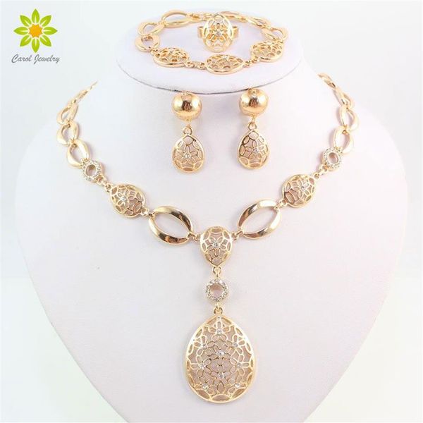 Set di gioielli da sposa Set di orecchini con collana e goccia d'acqua da sposa nigeriana in cristallo trasparente color oro vintage220T