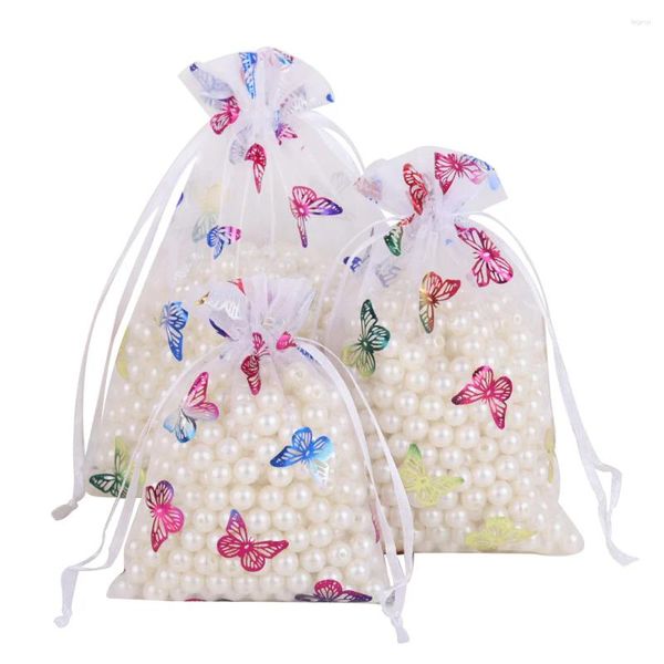 Envoltório de presente 25pcs / 50pcs 9x12 10x15 13x18cm Borboleta Organza Bag Cordão Bolsa Festa de Casamento Doces Jóias Sachet Sacos de Armazenamento