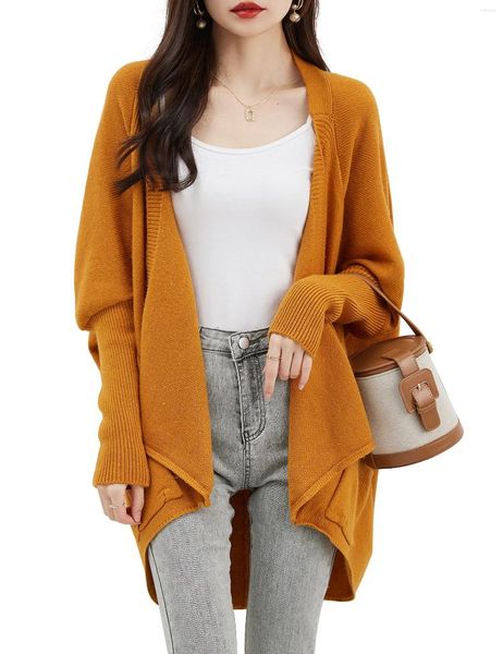 Malhas femininas tamanho da ue cardigan suéter de lã merino 2023 outono inverno oversized batwing manga malha com bolso (gengibre)