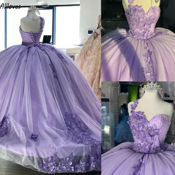 Muhteşem mor prenses balo elbisesi quinceanera elbiseler bir omuz 3d çiçekler dantel boncuklu resmi fırsat balo elbiseleri korse geri tatlı 15 16 doğum günü elbisesi cl2857