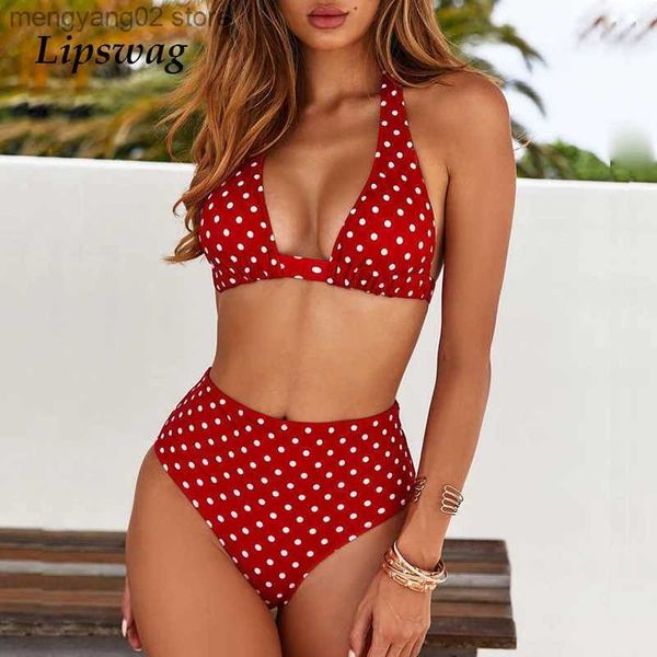 Mulheres de banho 2019 sexy cintura alta dot print bikini swimwear mulheres halter push up bikini conjunto maiô feminino biquini beach wear maiô t231031