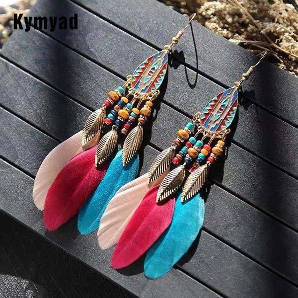 Dangle Küpeler Kymyad Etnik Stil Damlası Kadınlar Vintage Reçine Boncuklar Tassel Beyan Bijoux Femme Tüy Uzun