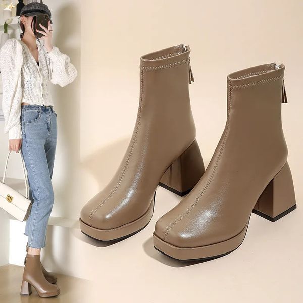 Sapatos de vestido moda tornozelo botas para mulheres saltos altos plataforma robusta tecido quadrado dedo do pé branco sola zíper jovem senhora botas 231031