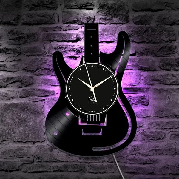 Relógios de parede 12 polegadas soquete europeu retro vinil registro relógio com luzes LED RGB para guitarra rock amantes de música decoração de casa 231030