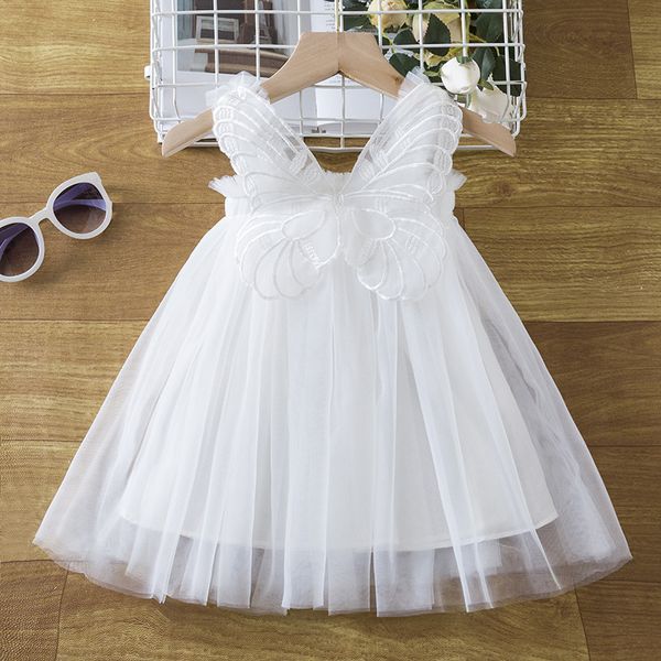 Abito estivo per ragazze da 1-5 anni Abito senza maniche Abiti per bambini Costumi per bambina con farfalla Abito in tulle bianco rosa con retro a farfalla