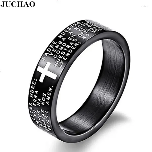 Anéis de cluster JUCHAO Classic Men Titanium Steel Bible Verse Cruz Anel de Jesus