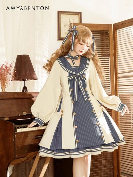 Vestidos casuais 4xl oversized lolita vestido para mulher 2023 outono e inverno princesa linda menina arco emagrecimento manga longa comprimento médio