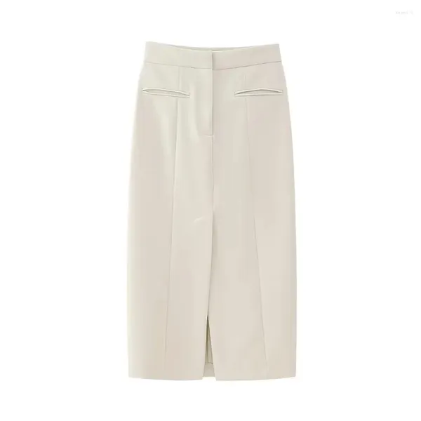 Röcke Beige Weiß Lang für Frauen Mode 2023 Midi Koreanischer Bleistift Hohe Taille Vintage Elegant Stilvoll Klassisch Basic Casual Schlitz