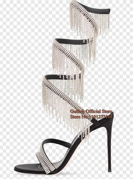 Сандалии с ремешком на щиколотке и кристаллами, женские туфли-гладиаторы на тонком каблуке со стразами и бахромой, черные кожаные туфли 10 см
