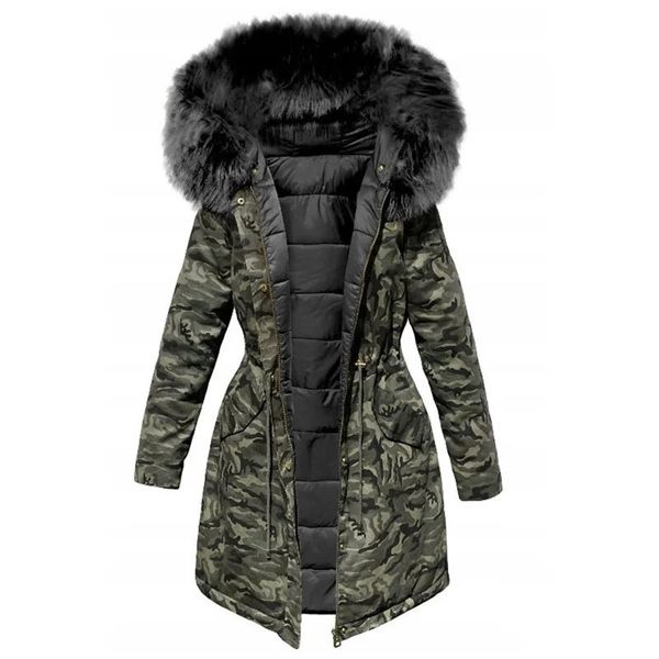 Женское стеганое пальто из искусственного меха, зимняя куртка, парки с капюшоном, женская свободная парка, камуфляжное пальто, стеганые куртки 231030