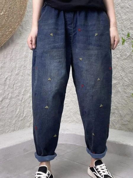 Damen Jeans Herbst Vintage bestickte Denim Haremshose Streetwear elastische Taille gerades Bein gewaschene Hose