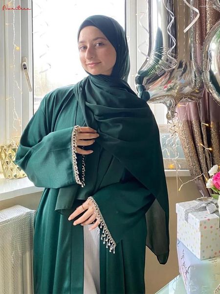 Roupas étnicas Mais recente diamante beading quimono muçulmano robe abaya syari feminino comprimento total borla serviço de adoração abayas conjuntos wy1673