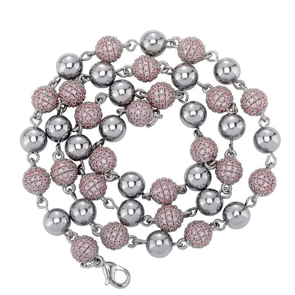 Catene moda uomo 8mm 18/22 pollici placcato oro Bling rosa CZ pietra acciaio palline rotonde collana a catena gioielli moda rock