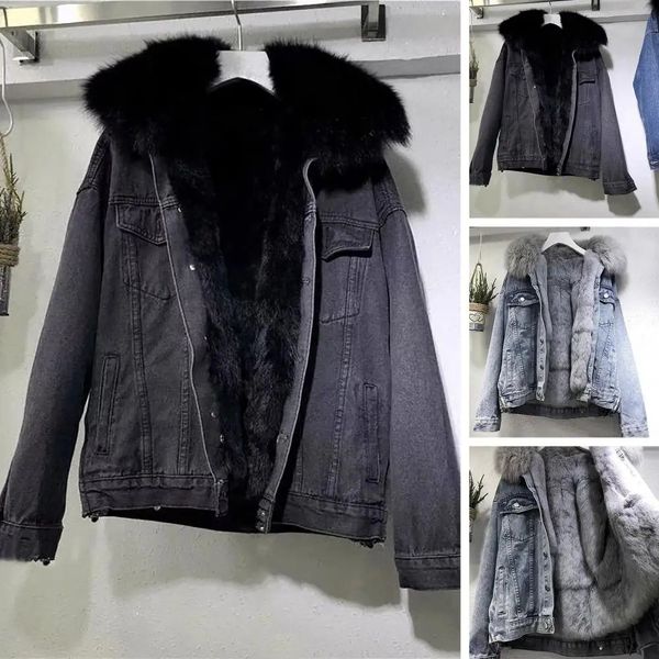 Kadınlar Kürk Sahte Kadın Kış Giysileri Vintage Pamuk Kalın Sıcak Denim Ceket Büyük Boy Gevşek Yaka Plus Kadife Jean Parkas 231030